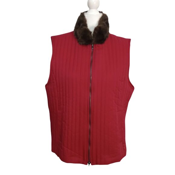 Liz Claiborne  Red Quilted Faux Fur Trim Large Women's Zip Up Vest Jacket - Picture 1 of 6